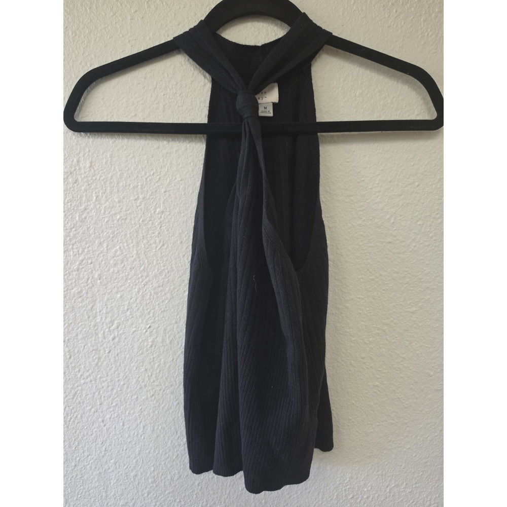 A New Day Women Tank Top M Black Ribbed Collared Sleeveless Cotton